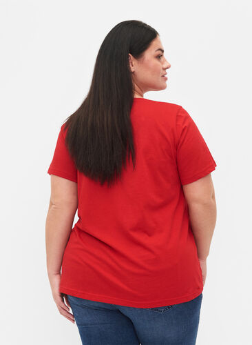 Bomulds t-shirt med teksttryk og v-hals, Tango Red ORI, Model image number 1