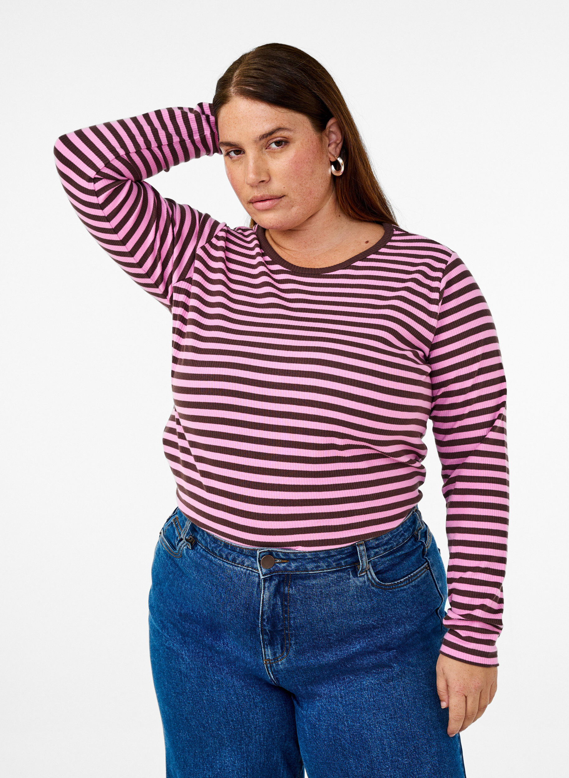 ZizziStribet bluse med lange &aelig;rmer, Lyser&oslash;d, Model image number 0