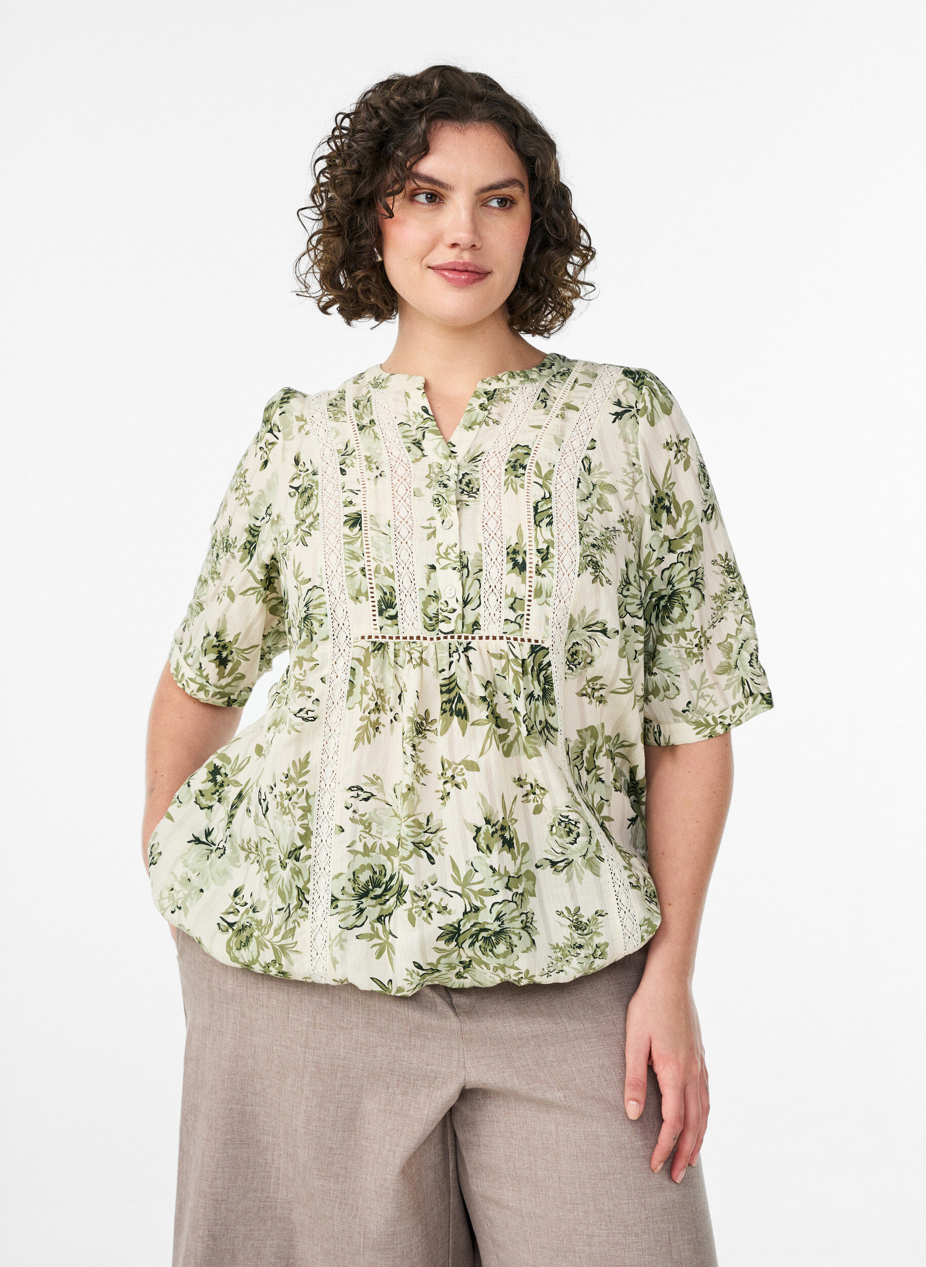 ZizziBluse med print og 1/2 &aelig;rmer, Gr&oslash;n, Model image number 0