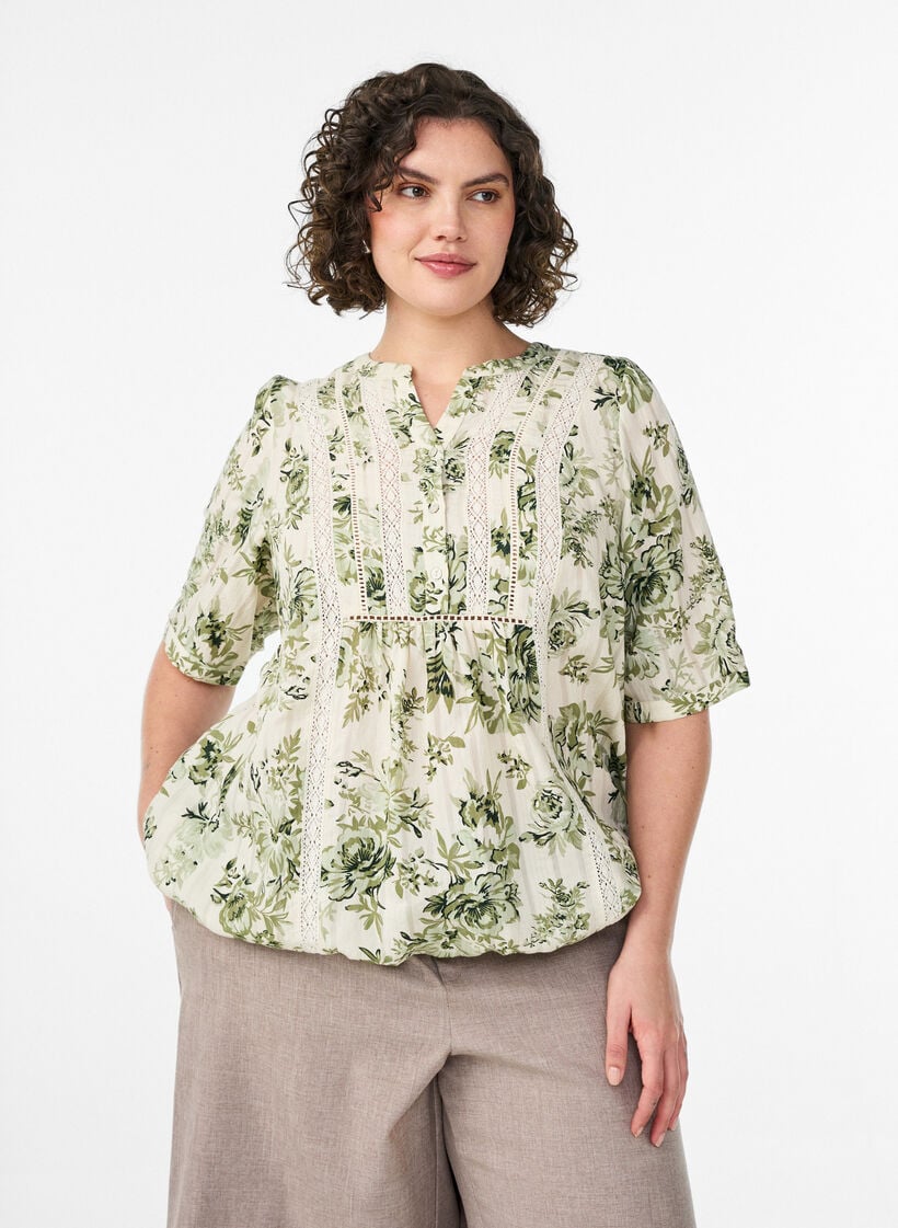 Bluse med print og 1/2 &aelig;rmer, Gr&oslash;n, Model image number 0