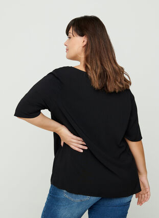 Viskose bluse med v-hals og blonder, Black, Model image number 1