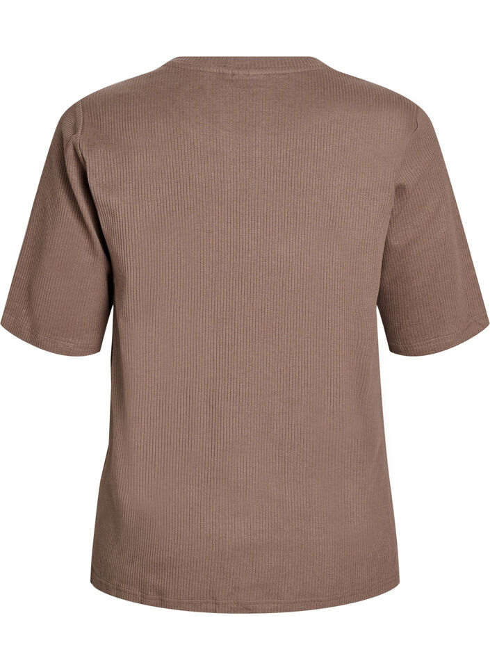 Ribbet jerseybluse med korte &aelig;rmer, Brun, Packshot image number 1