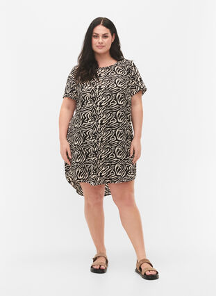 Printet kjole med korte ærmer, Black/White Animal, Model image number 2