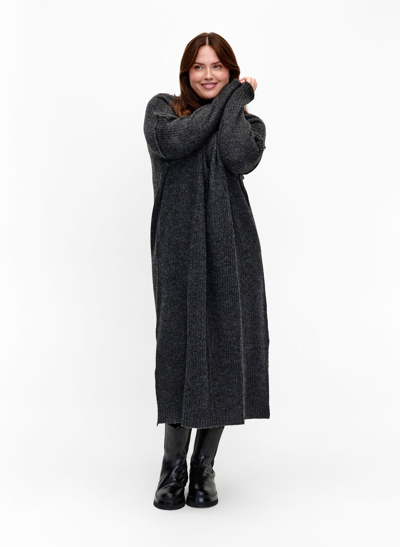 Lang oversize strikkjole med slids, Gr&aring;, Model image number 0