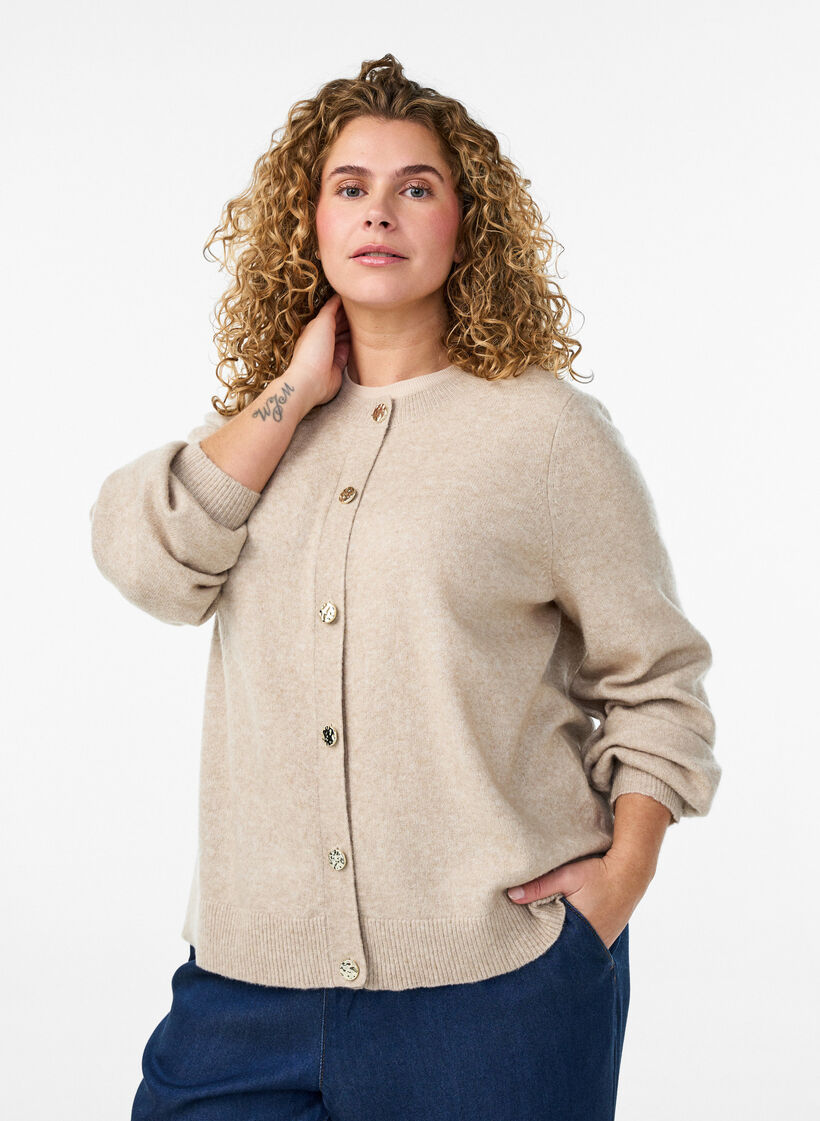 Cardigan i bl&oslash;d strik med guldfarvede knapper, Beige, Model image number 0