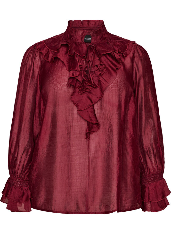 Bluse i viskose med fl&aelig;ser og lange &aelig;rmer, R&oslash;d, Packshot image number 0