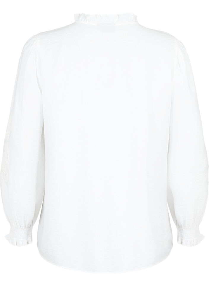 Bluse med flæser og broderi anglaise, Bright White, Packshot image number 1