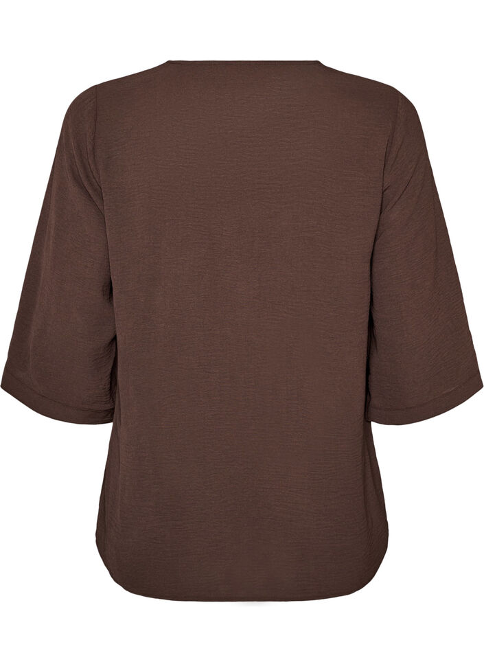 Skjortebluse med V-udsk&aelig;ring og 3/4-&aelig;rmer, Brun, Packshot image number 1