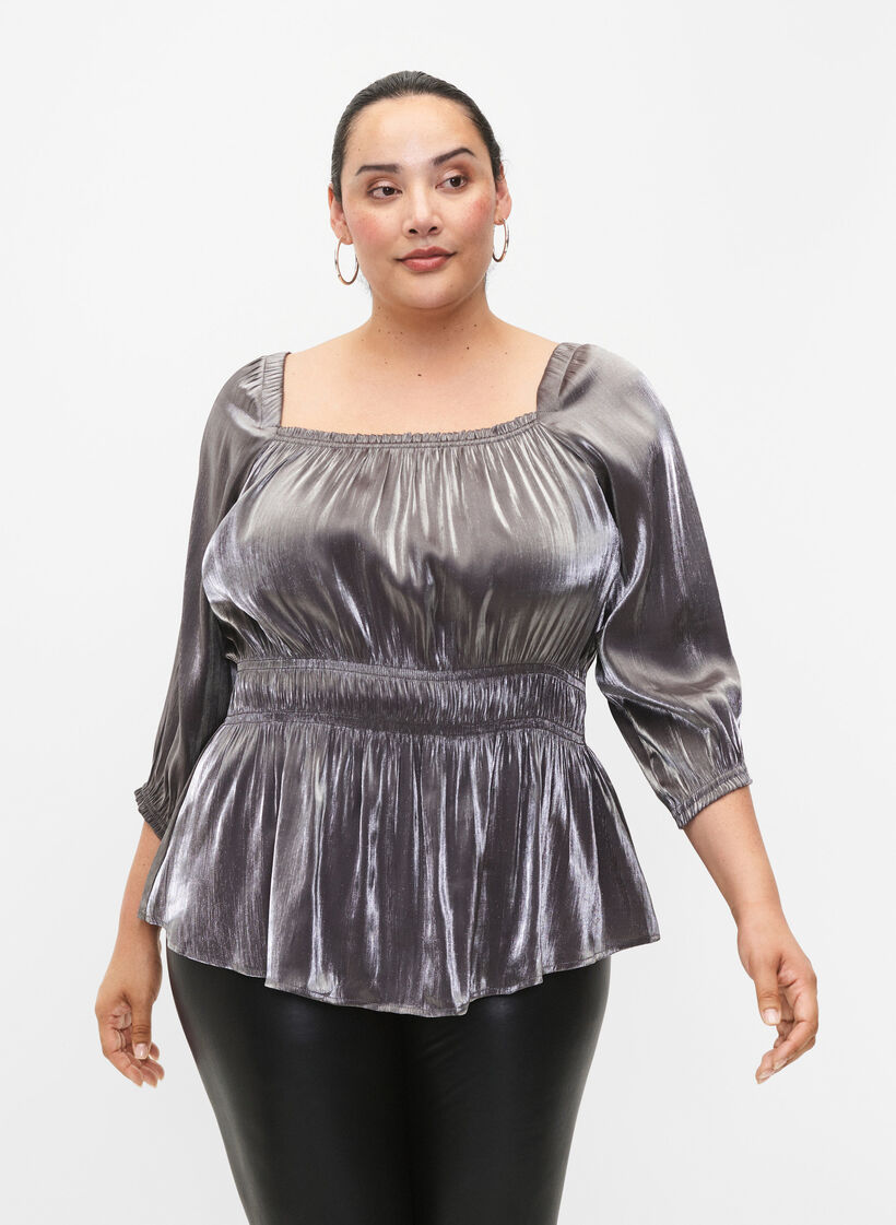 Sølvfarvet bluse med 3/4 ærmer og smock, Dark Silver, Model image number 0
