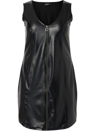 Imiteret læderkjole med lynlås, Black, Packshot image number 0