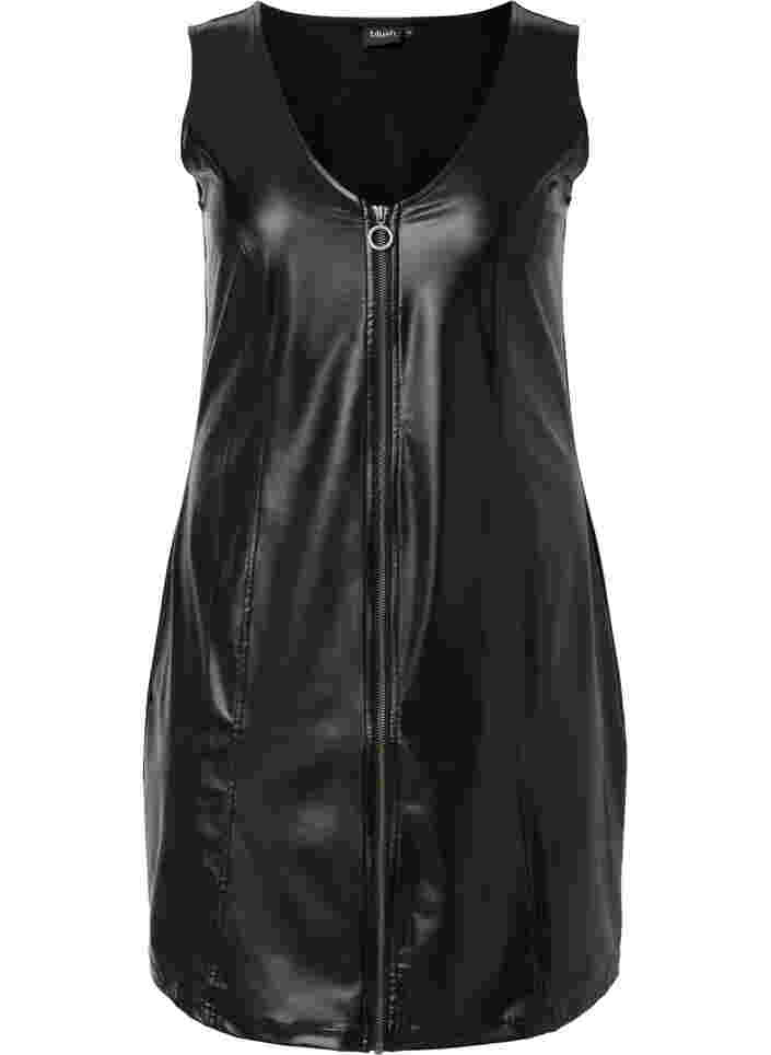 Imiteret læderkjole med lynlås, Black, Packshot image number 0