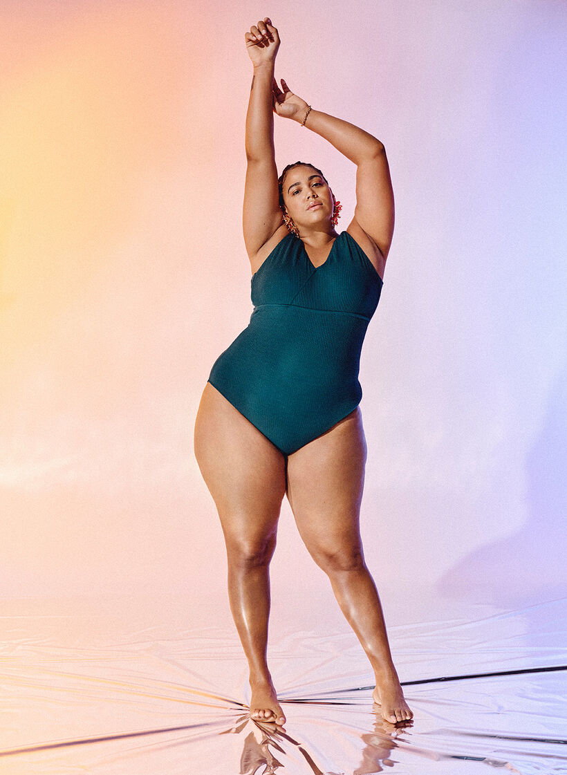 Badedragt med crepestruktur og wrapeffekt, Dark Sea, Image image number 0