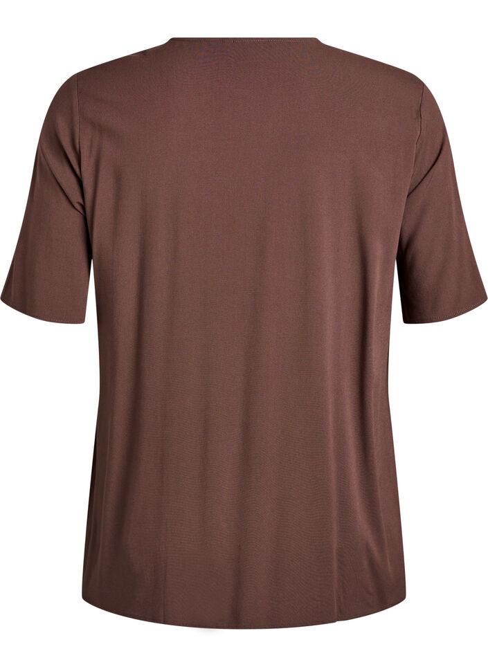 Kort&aelig;rmet v&aelig;vet bluse med rund hals, Brun, Packshot image number 1