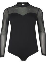 Bodystocking med nitter og lange mesh ærmer, Black