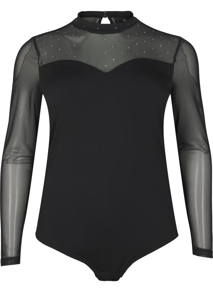 Bodystocking med nitter og lange mesh ærmer, Black, Packshot image number 0