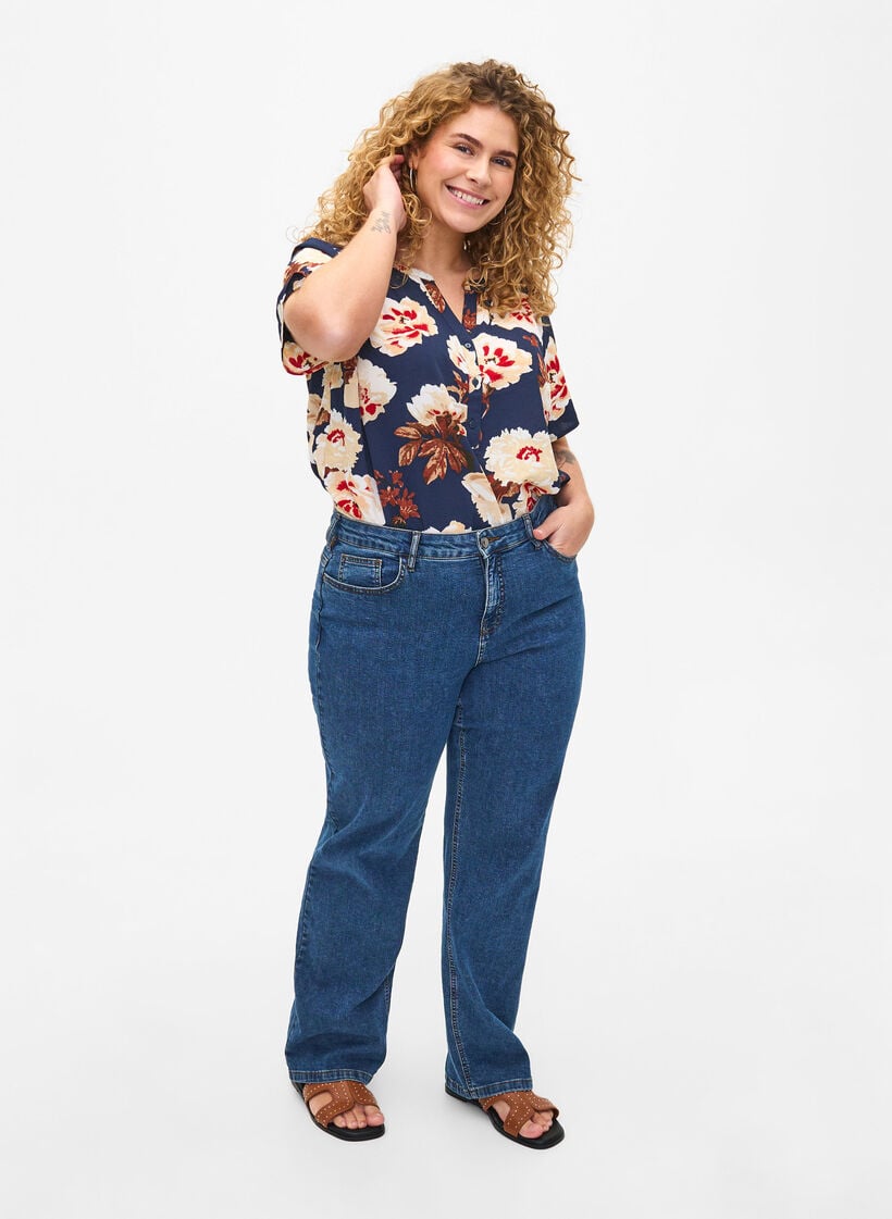 Bluse med korte &aelig;rmer og v-udsk&aelig;ring , Bl&aring;, Model image number 1