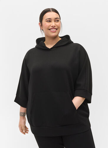Sweatshirt med hætte og 3/4 ærmer, Black, Model image number 0