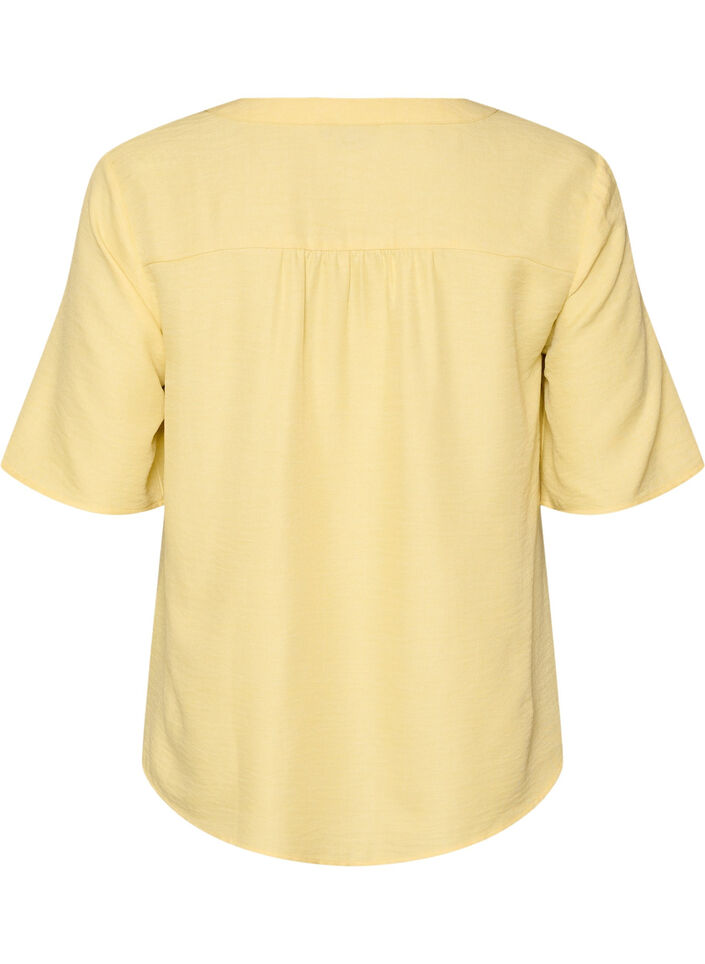Skjortebluse med v-hals og korte &aelig;rmer, Gul, Packshot image number 1