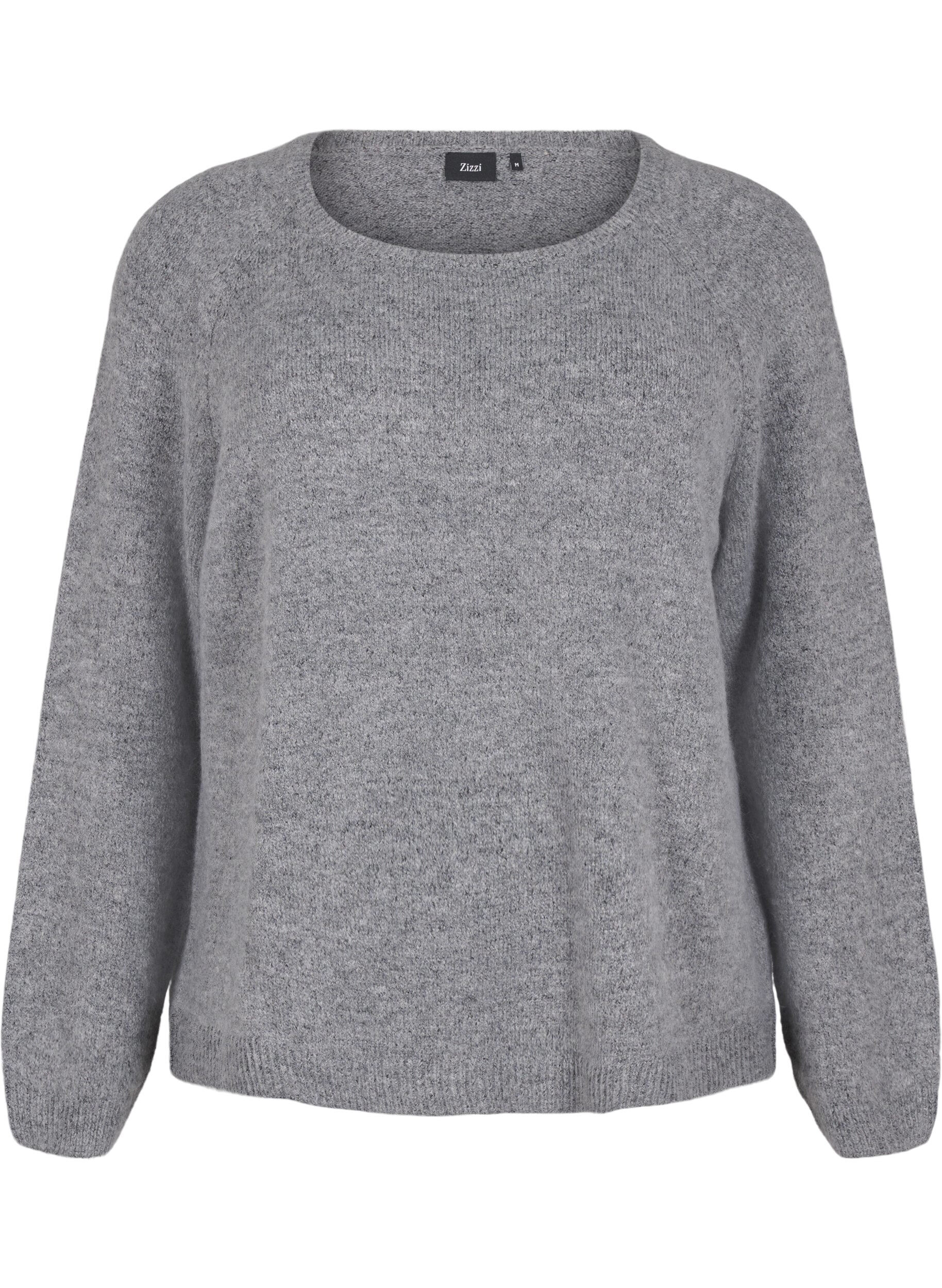 Zizzi L&oslash;stsiddende strikbluse med rund hals, Medium Grey Melange, Packshot image number 0