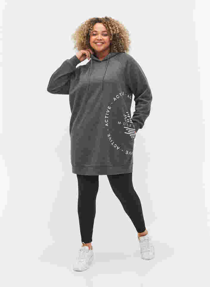 Lang sweatshirt med hætte og printdetaljer, Dark Grey Melange, Model image number 2