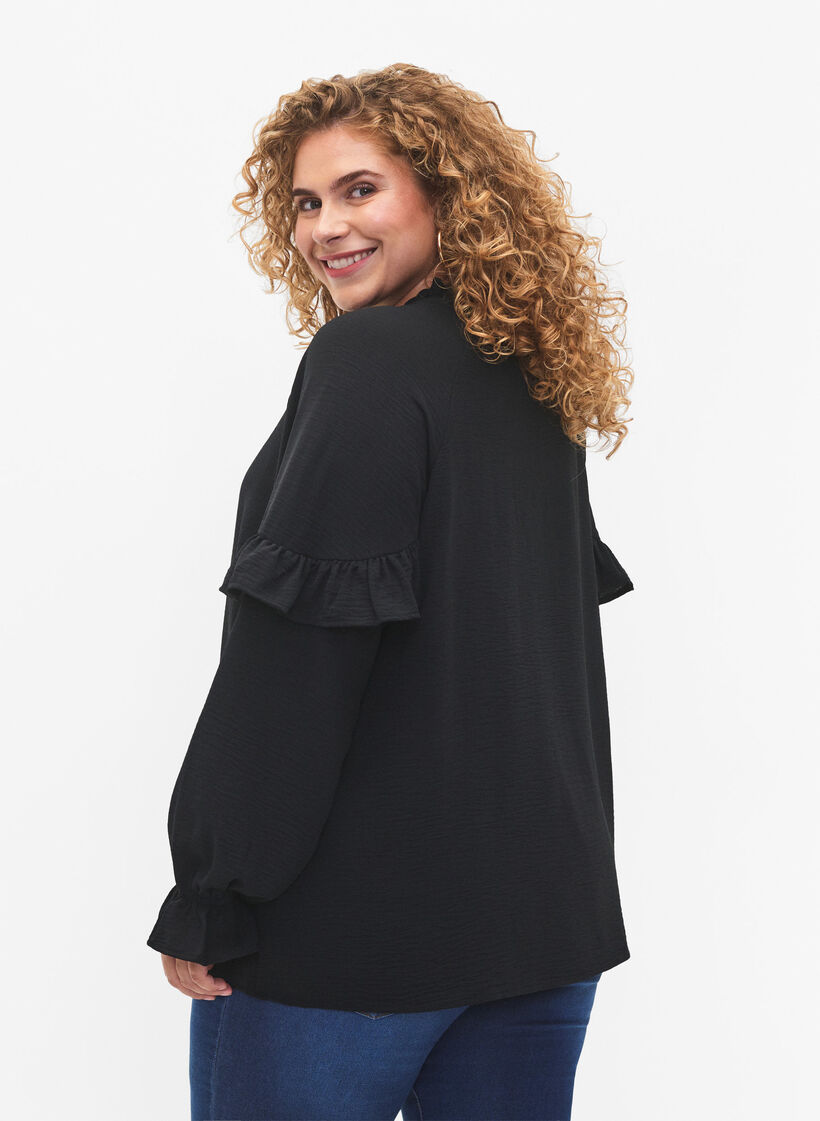 Bluse med fl&aelig;ser og knapper, Black, Model image number 1