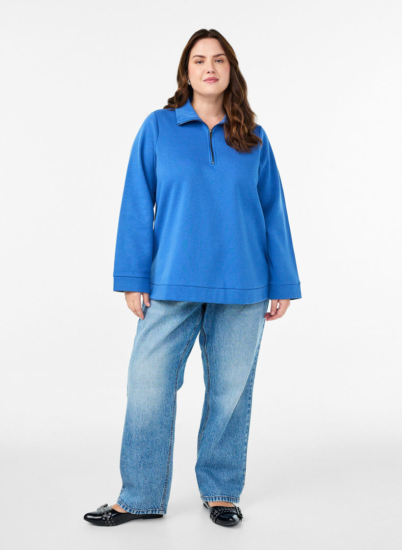 Sweatshirt med høj hals og lynlåslukning, Blå, Model image number 1