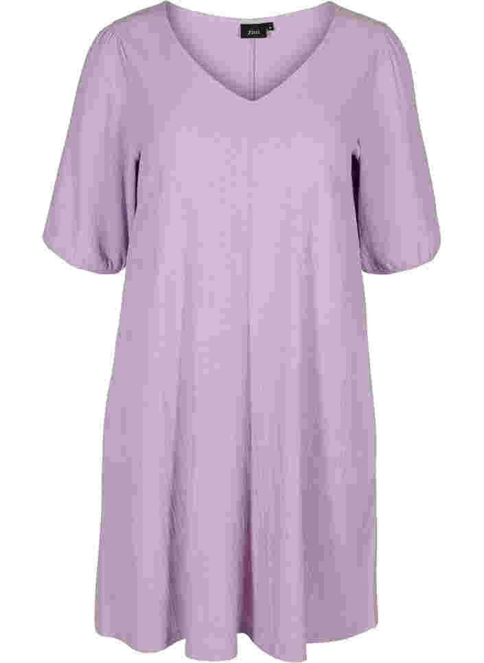 Kjole med pufærmer og v-hals, Purple Rose, Packshot image number 0