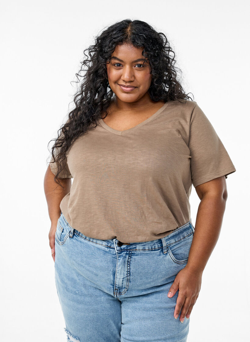 Kort&aelig;rmet basis t-shirt med v-hals, Brun, Model image number 0