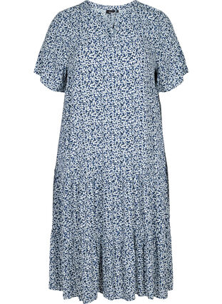 Kortærmet viskose kjole med print, Petit Blue Flower, Packshot image number 0