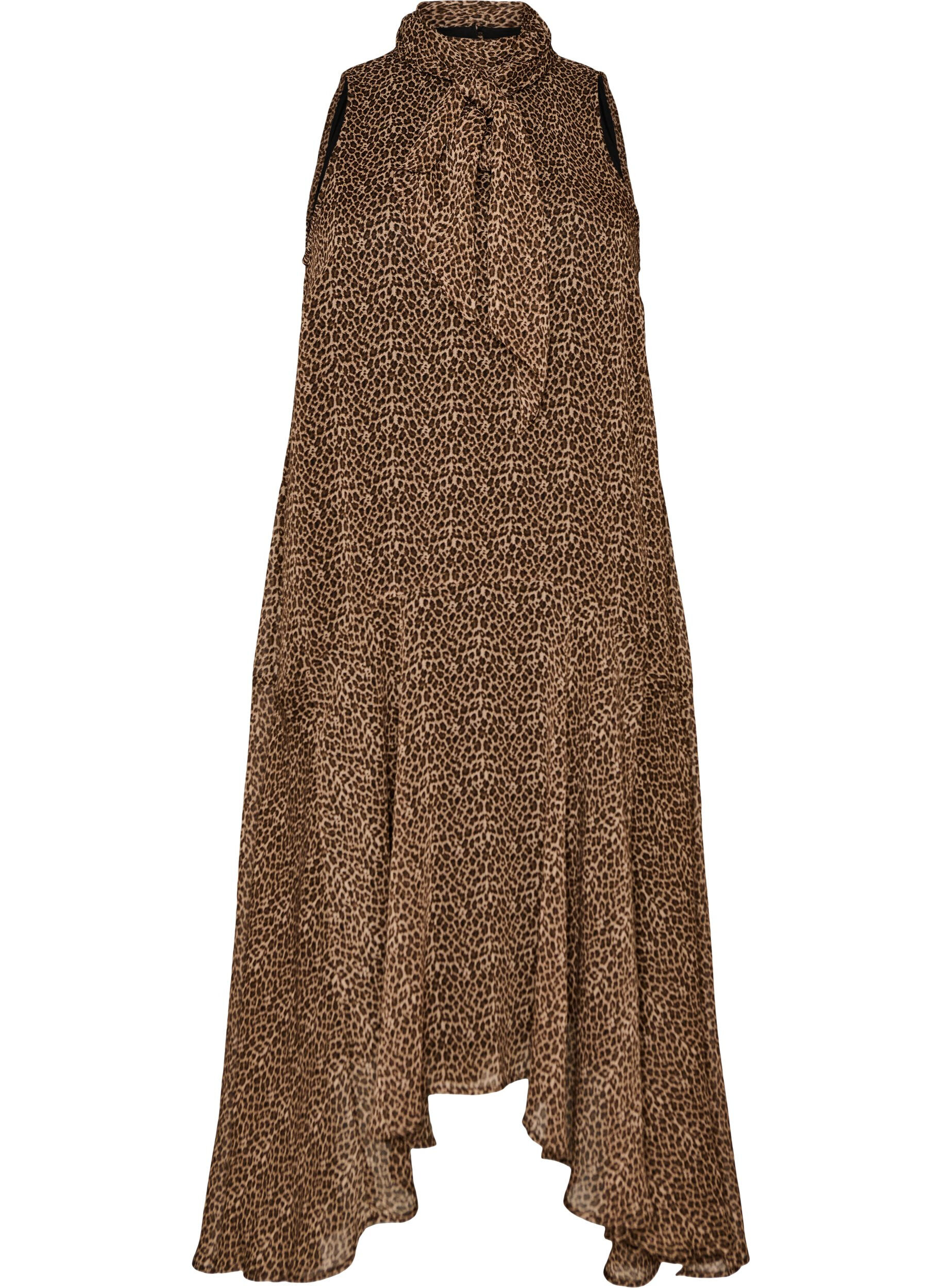 ZizziMidikjole i chiffon med leopardprint og bindeb&aring;nd, Brun, Packshot image number 0