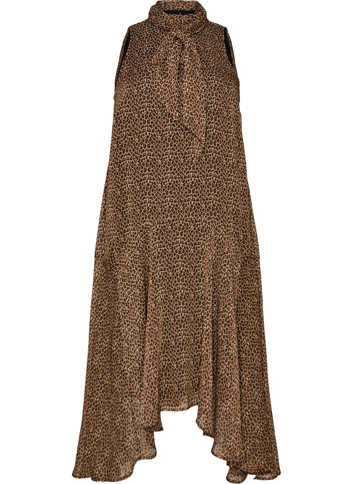 Midikjole i chiffon med leopardprint og bindeb&aring;nd, Brun, Packshot image number 0