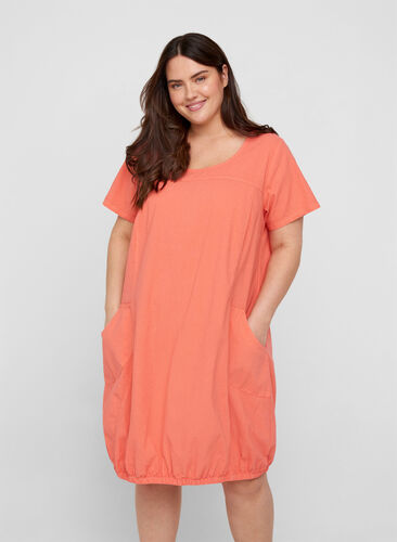 Kortærmet kjole i bomuld, Hot Coral, Model image number 0