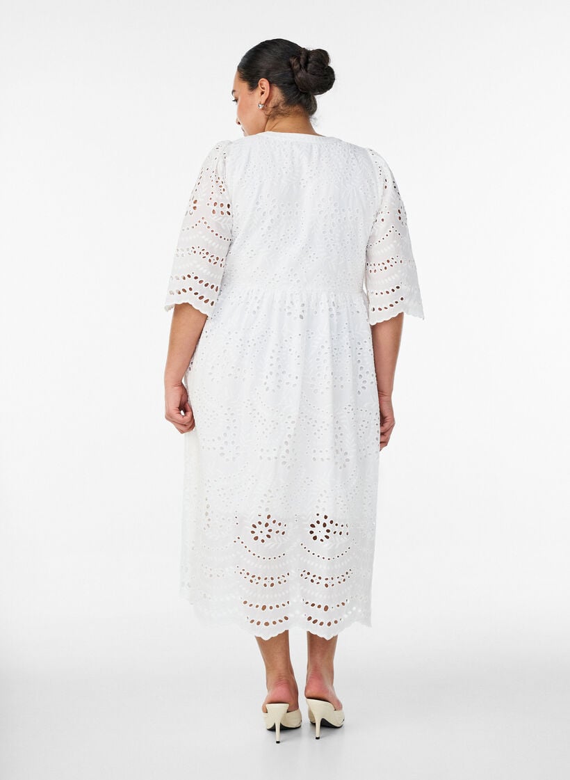 Midikjole med broderi anglaise og empire-snit, Hvid, Model image number 1