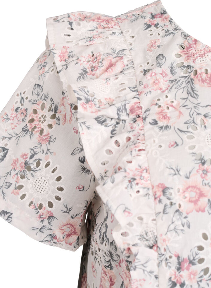 Bluse i bomuld med broderie anglaise og fl&aelig;ser, Lyser&oslash;d, Packshot image number 3