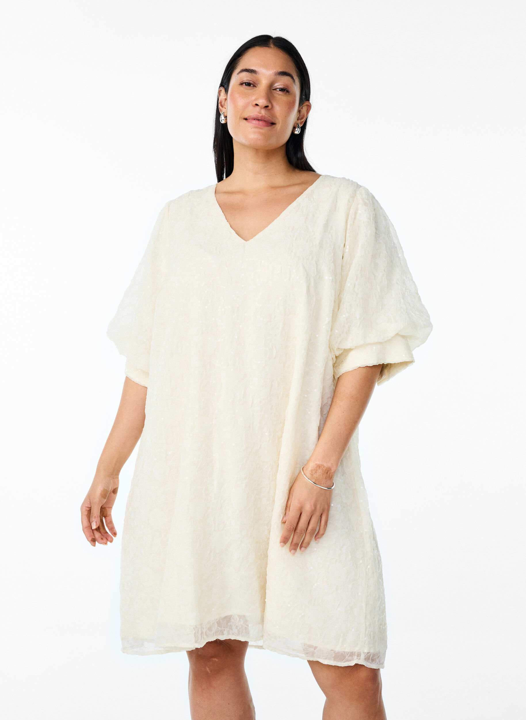 Zizzi Kort festkjole med pailletter, Vanilla, Model image number 1