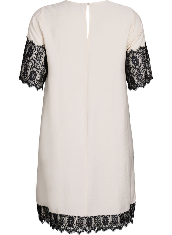Kort kjole med kontrastfarvede blondepaneler, Beige, Packshot image number 1