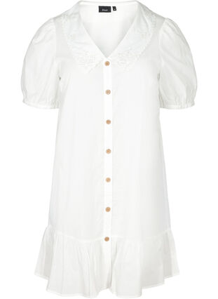 Bomulds skjortekjole med ballonærmer, Bright White, Packshot image number 0