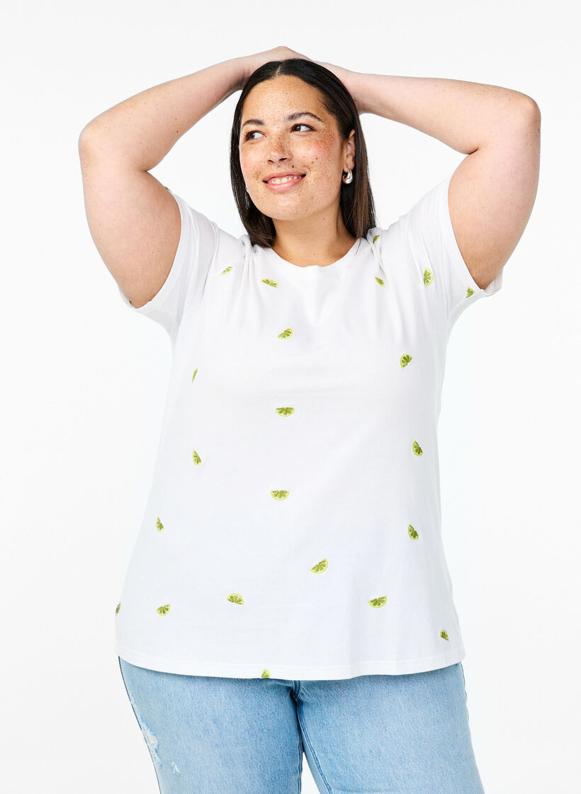 T-shirt i økologisk bomuld med broderede motiver, Hvid, Model image number 0