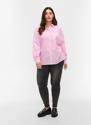 Stribet skjorte i bomuld, White/ Pink Stripe, Model image number 2