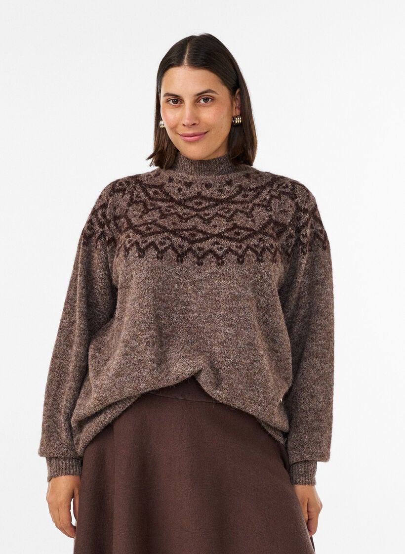 Striktr&oslash;je med jacquardm&oslash;nster, Brun, Model image number 0