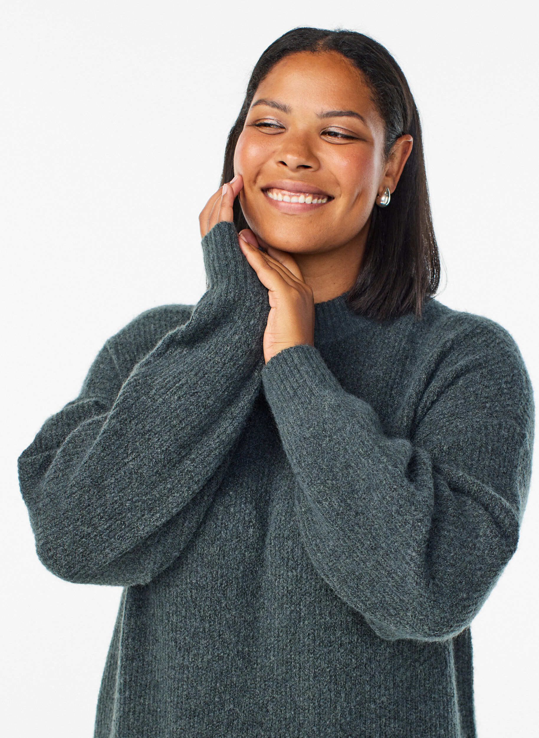 Zizzi Lang strikkjole med h&oslash;j hals, Gr&oslash;n, Model image number 2