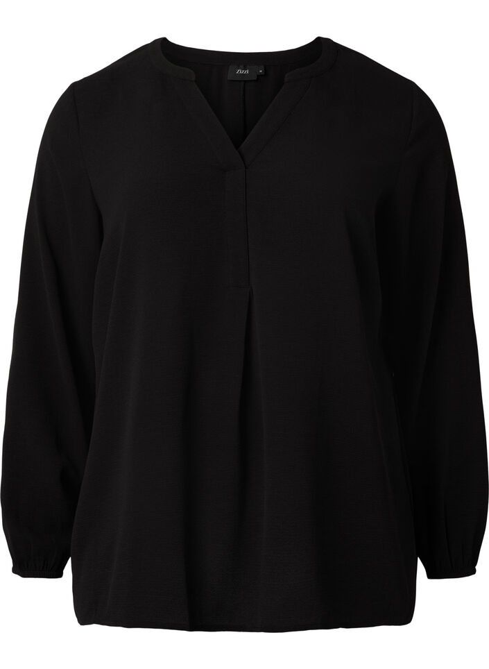 Ensfarvet bluse med v-hals, Black, Packshot image number 0