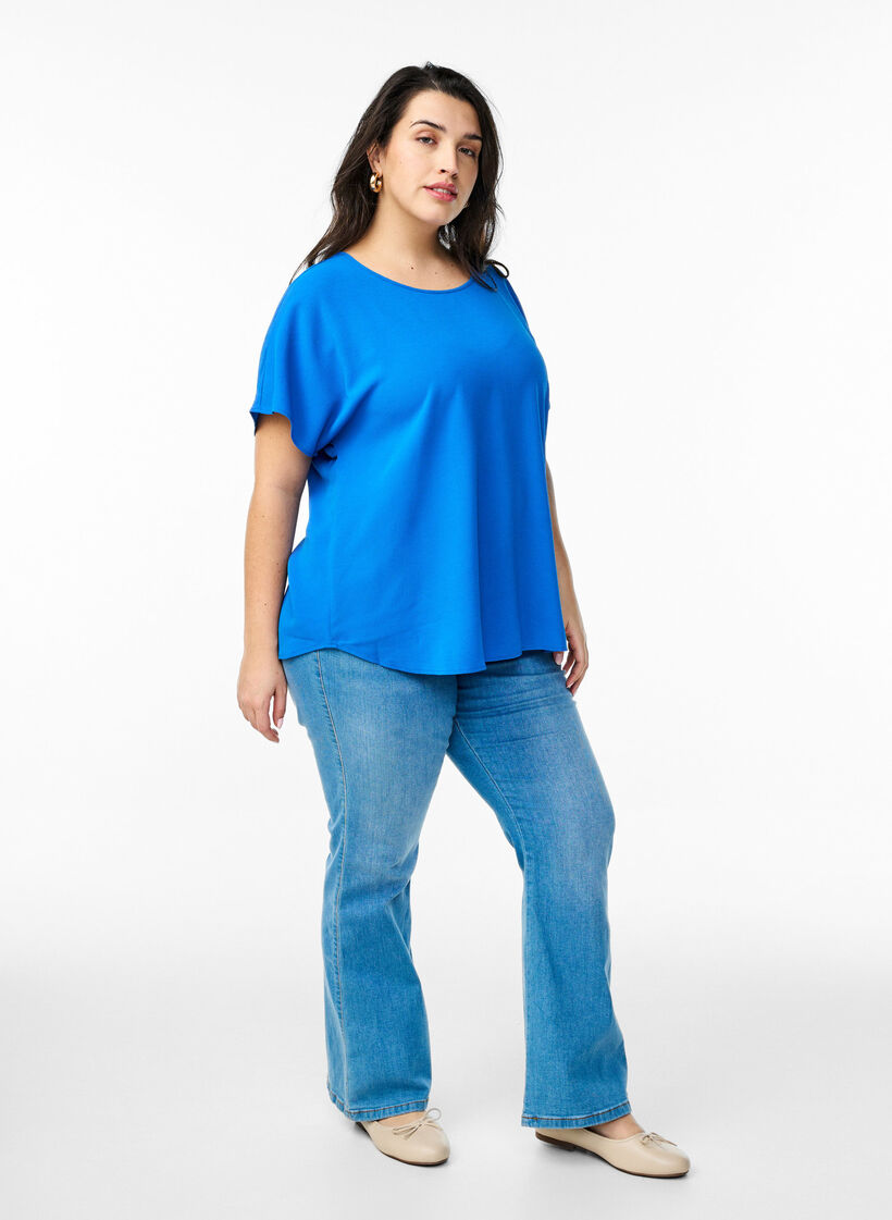 Bluse med korte &aelig;rmer og rund halsudsk&aelig;ring, Bl&aring;, Model image number 1