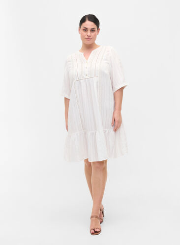 Stribet viskose kjole med blondebånd, Bright White, Model image number 2