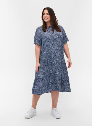 Kortærmet viskose kjole med print, Blue Flower Mix, Model image number 2