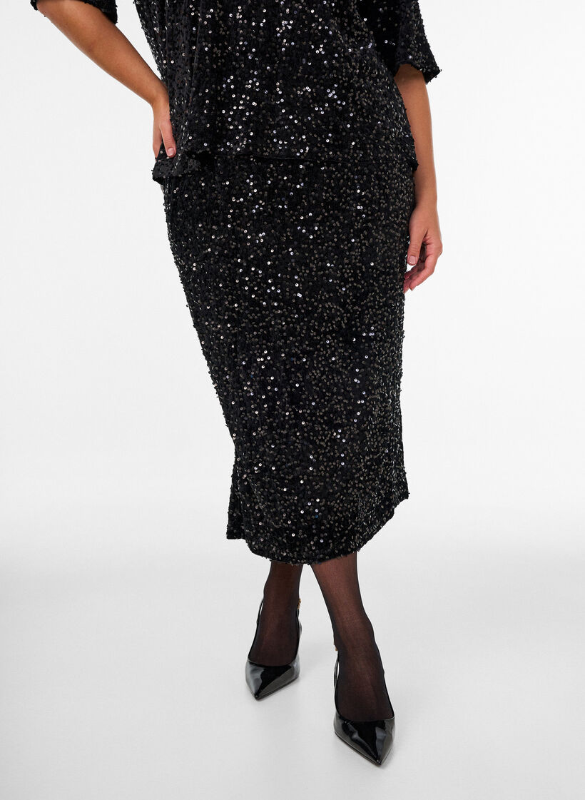 Midinederdel med pailletter og slidser, Sort, Model image number 2