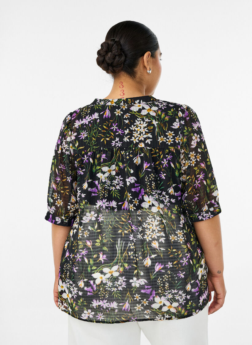 Bluse med blomsterprint og V-udsk&aelig;ring, Sort, Model image number 2