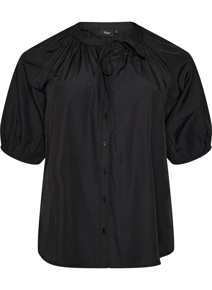 Skjortebluse med knaplukning og bindeb&aring;nd, Sort, Packshot image number 0
