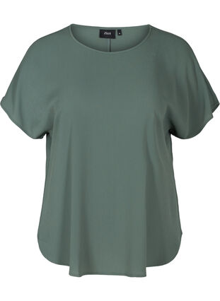 Bluse med korte ærmer og rund halsudskæring, Balsam Green, Packshot image number 0