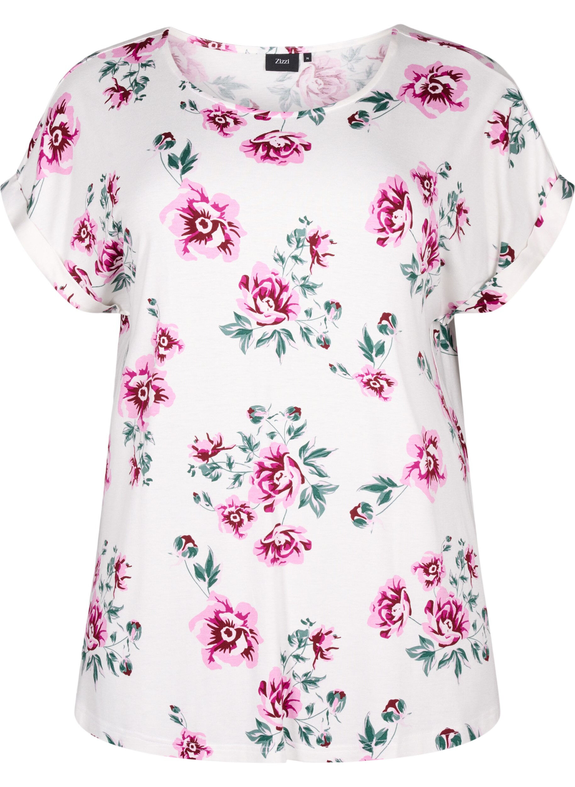 Zizzi Blomstret viskosebluse med korte &aelig;rmer, White Pink AOP, Packshot image number 0